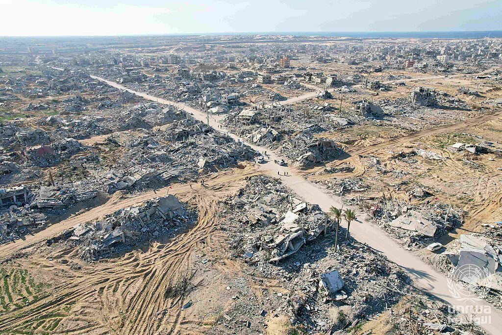 Aerial view of destroyed buildings and rubble in Rafah, Gaza Strip